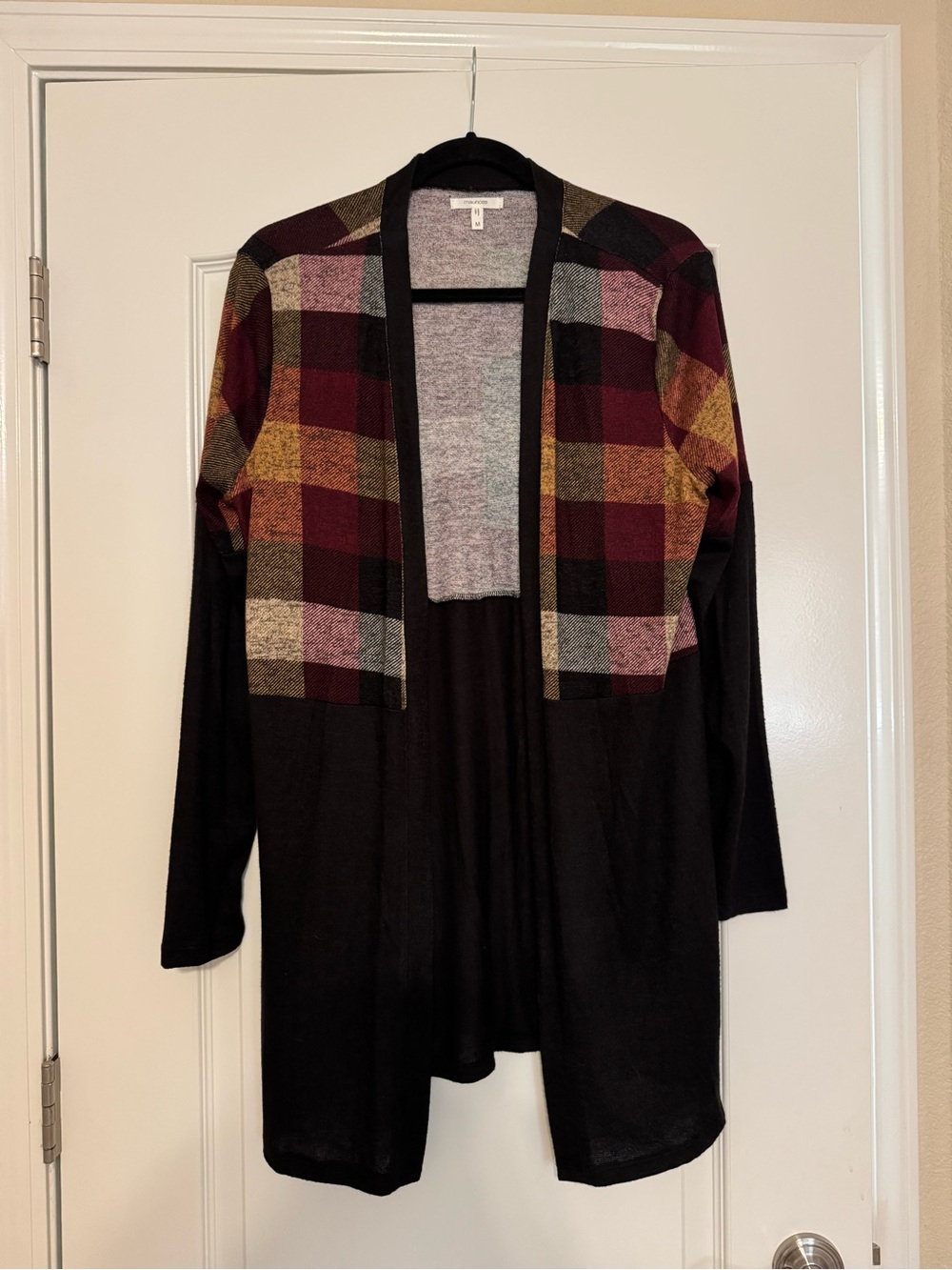 Maurices Black Cardigan with Burgundy & Gold Plaid Yoke
